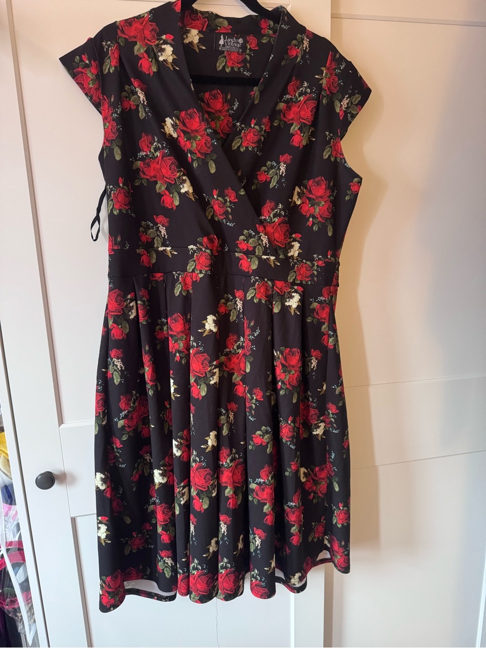 Black Floral Wrap-Style Dress with Red Roses UK20